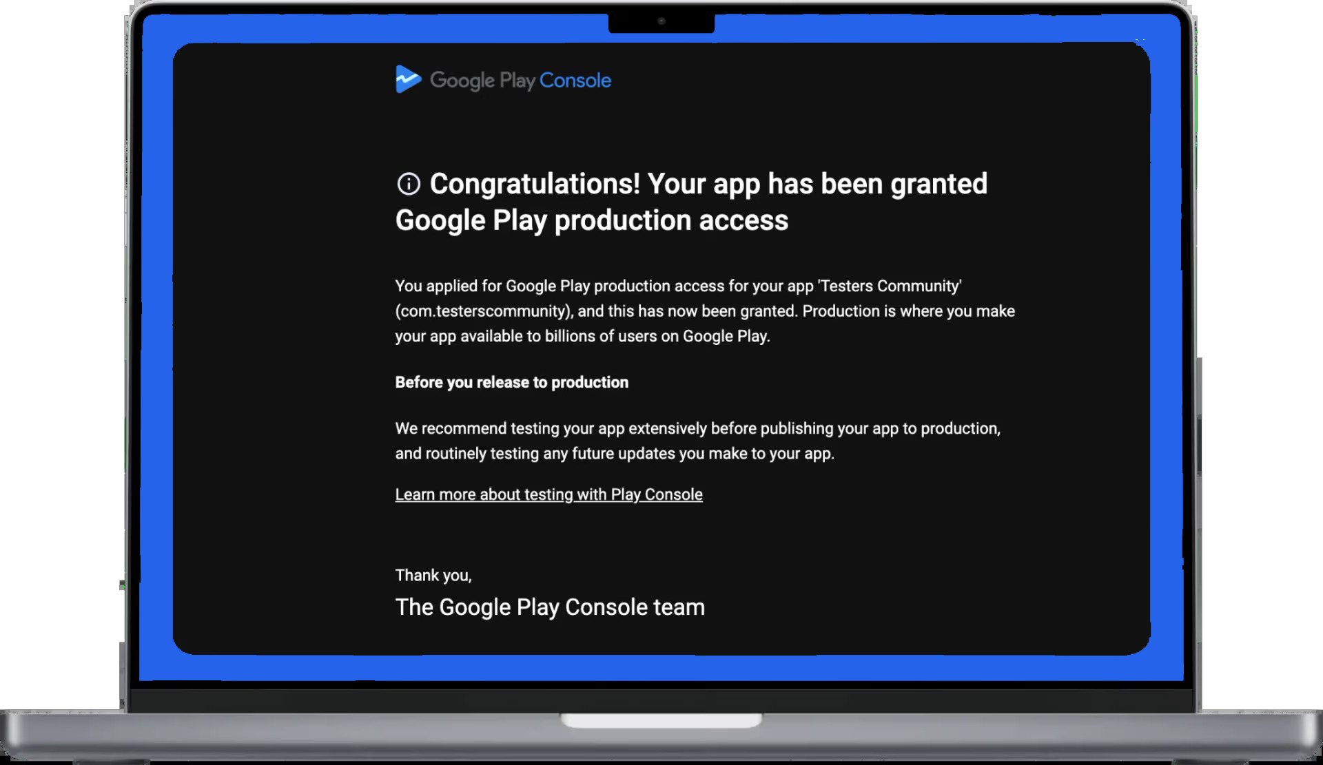 GoTester page displaying confirmation of Google Play production access for an app